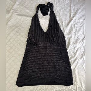 DEB Vintage Y2K Black Party Mini Dress Halter Neck Size 1XL Sequin Boho Glam